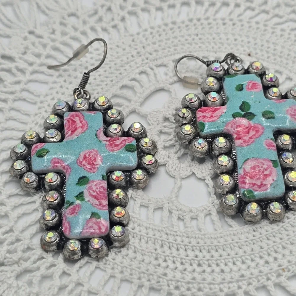 Blue Enamel Rose Floral Cross Earrings Rhinestones Silver tone Dangle 2